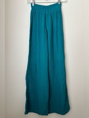 Michael Stars Smocked Wide Leg Pant Size XS Teal Double Gauze Casual Coastal